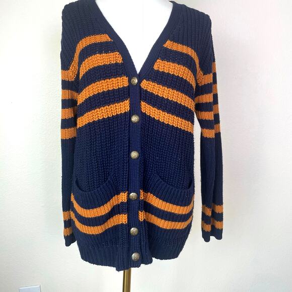 Womens Cardigan Sz L Striped Oversized Grandpa Chunky Fisherman Preppy Grunge - Picture 1 of 12